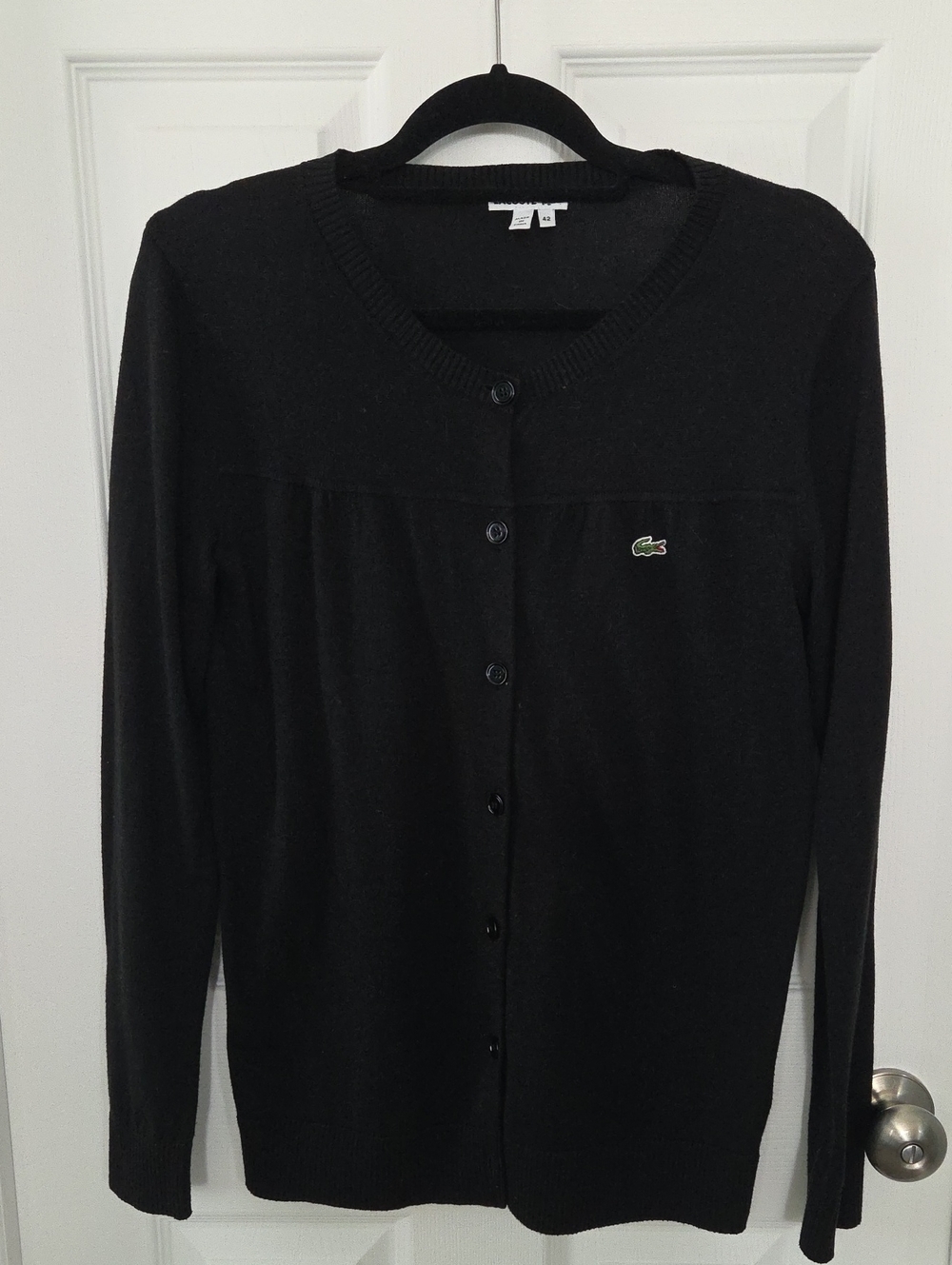 Lacoste Black Knit Button Cardigan with Green Croc Patch Cashmere Blend 42